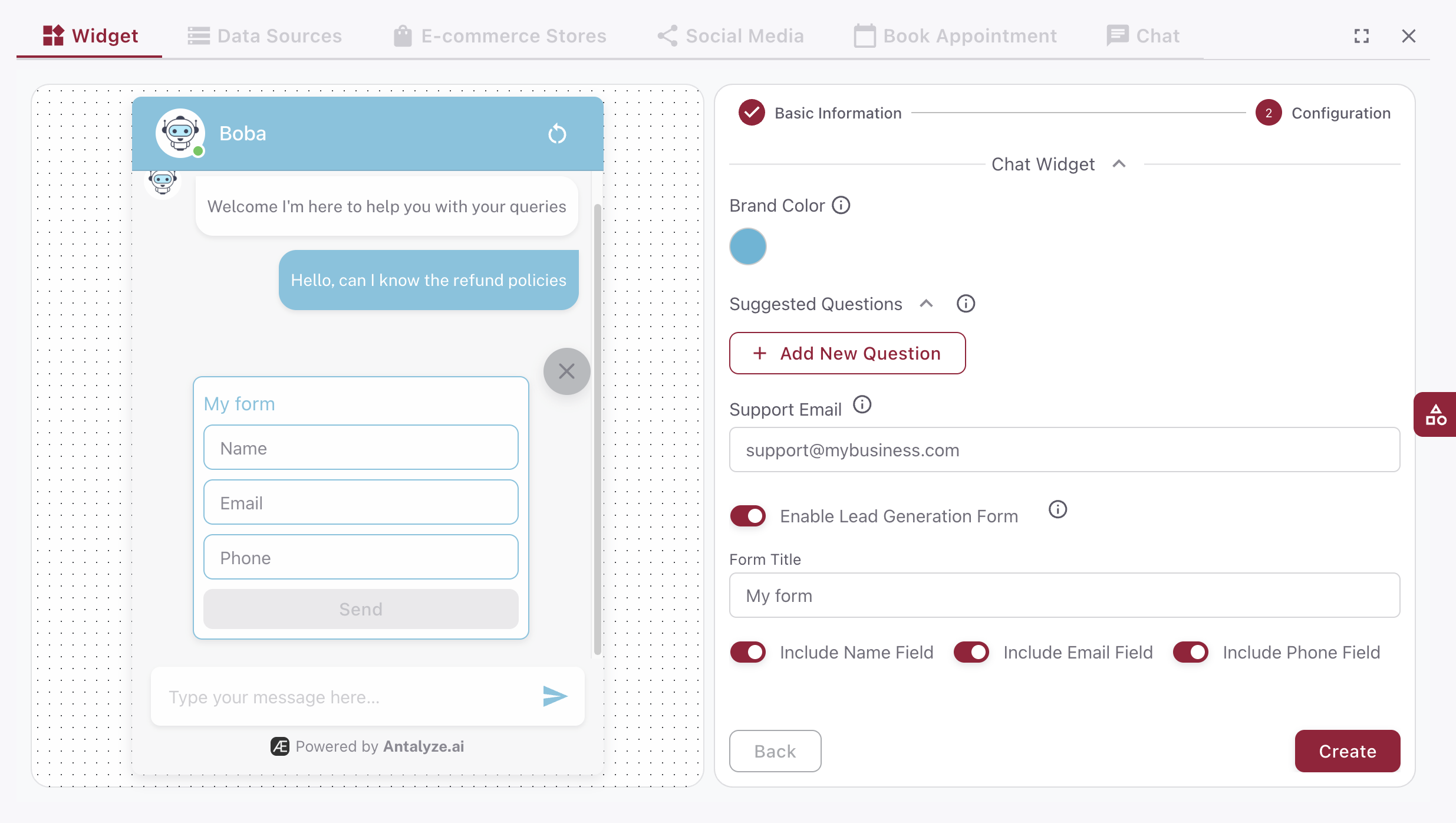 Enable an optional lead generation form accessible from the chat widget